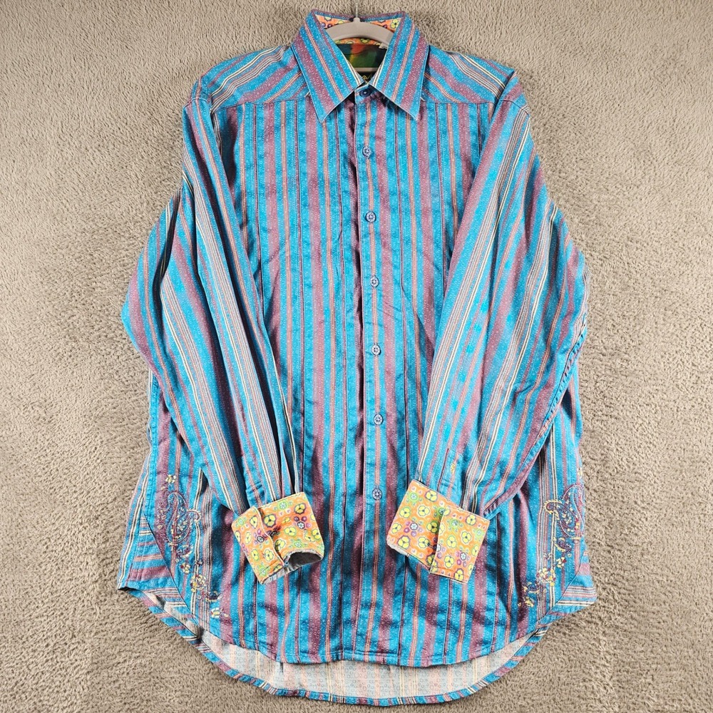 Robert Graham Mens Blue Striped Button Down Shirt Silk Trim Paisley Medium